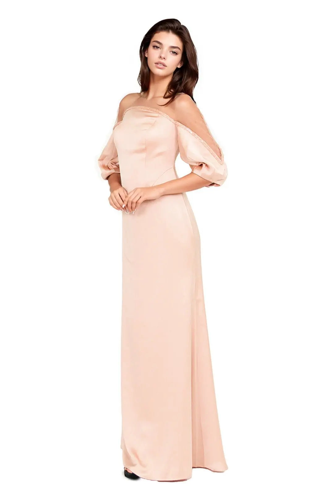 Crepe Column Illusion Gown with Puff Sleeve