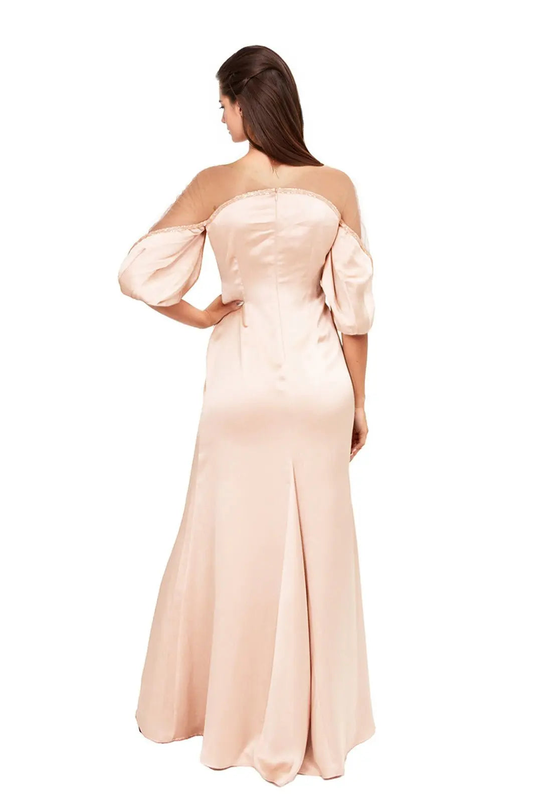 Crepe Column Illusion Gown with Puff Sleeve