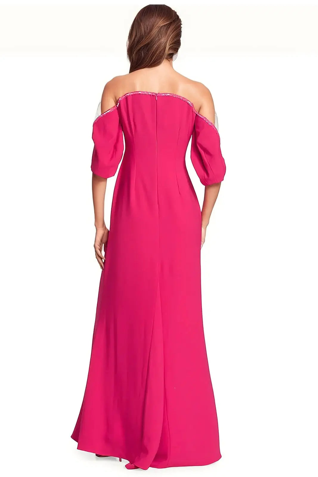 Crepe Column Illusion Gown with Puff Sleeve Gown Rene Ruiz Collection