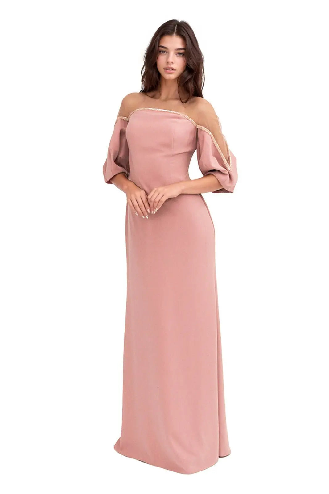 Crepe Column Illusion Gown with Puff Sleeve