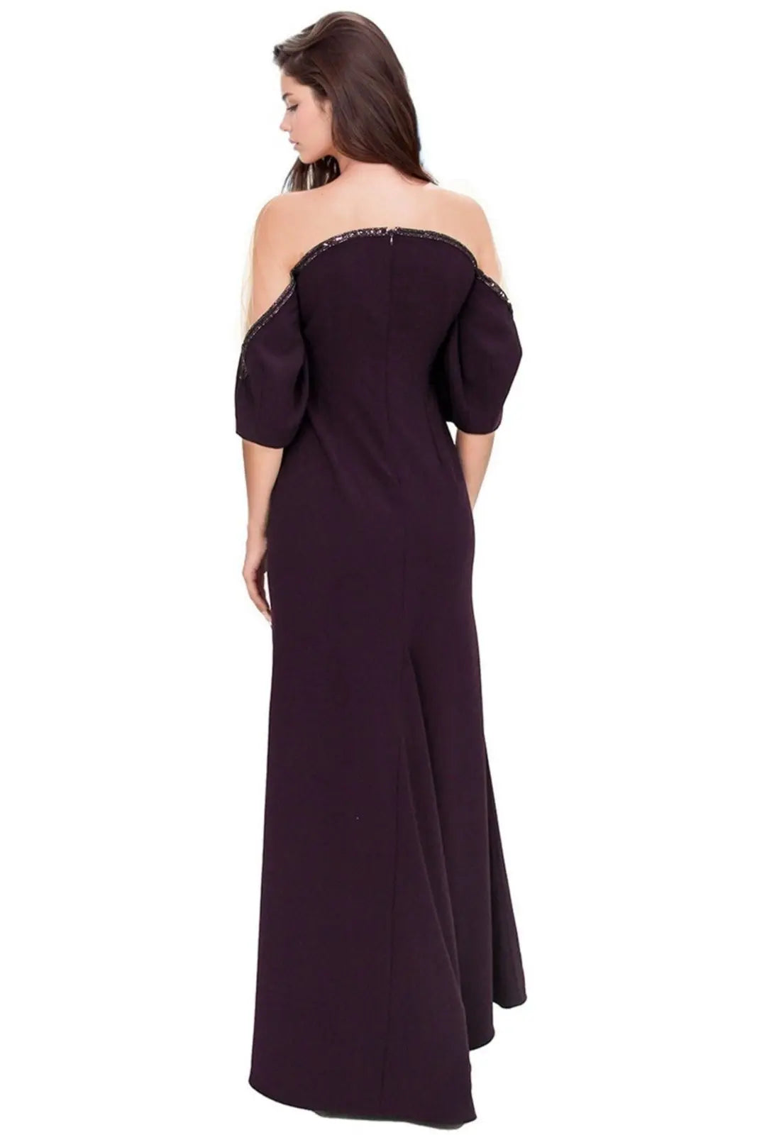 Crepe Column Illusion Gown with Puff Sleeve Gown Rene Ruiz Collection