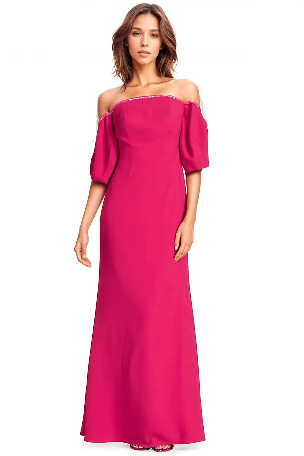 Crepe Column Illusion Gown with Puff Sleeve Gown Rene Ruiz Collection