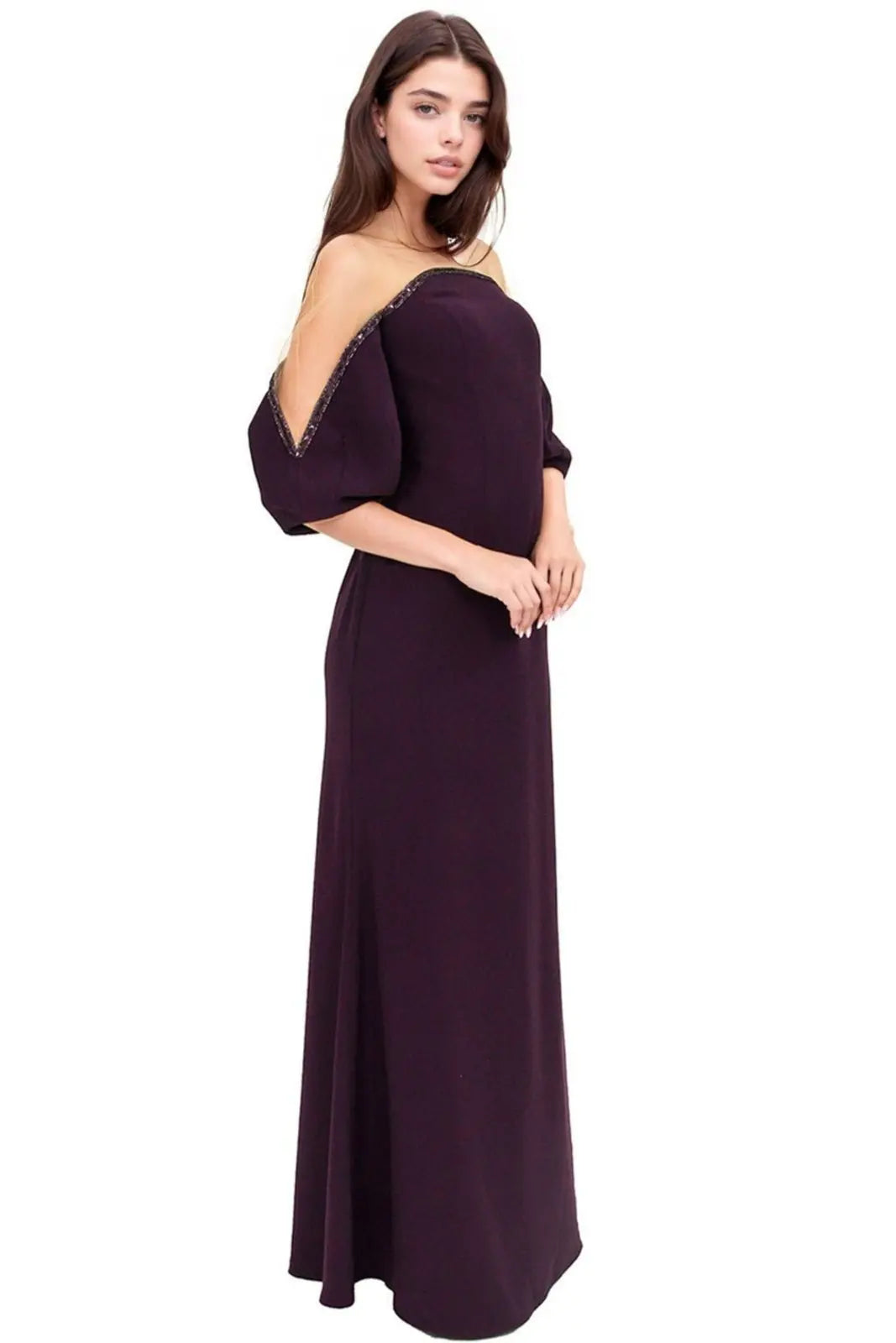Crepe Column Illusion Gown with Puff Sleeve Gown Rene Ruiz Collection