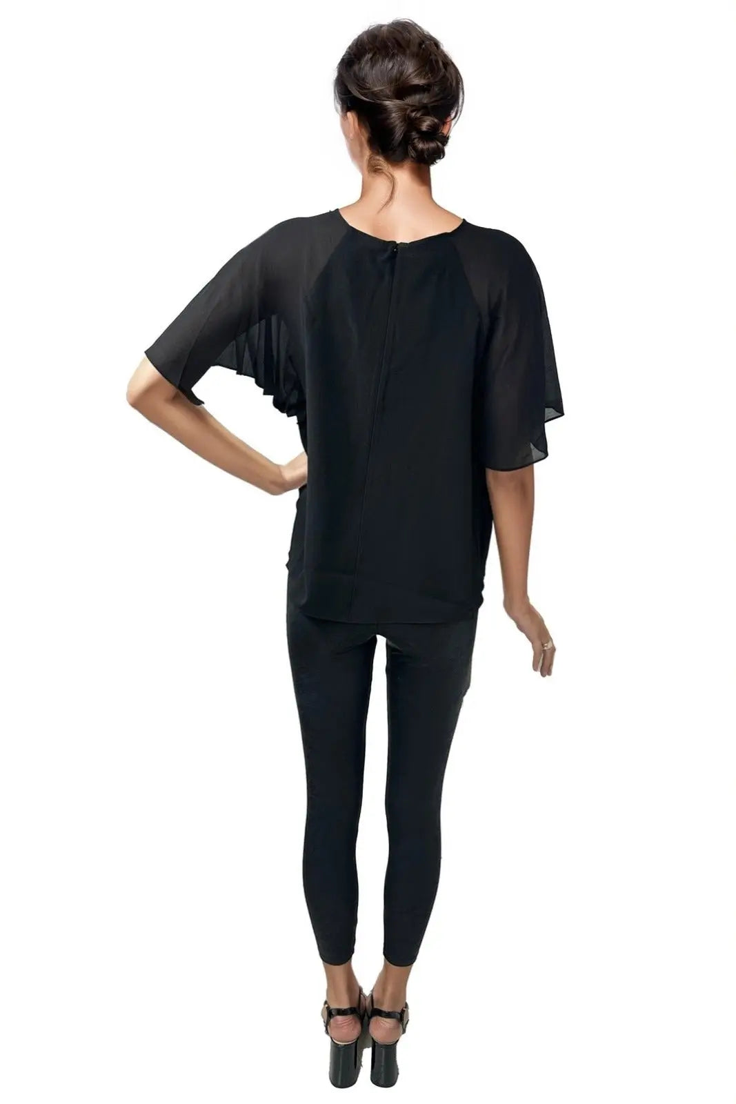 Crepe Top with Chiffon Flutter Sleeve Top Rene Ruiz Collection