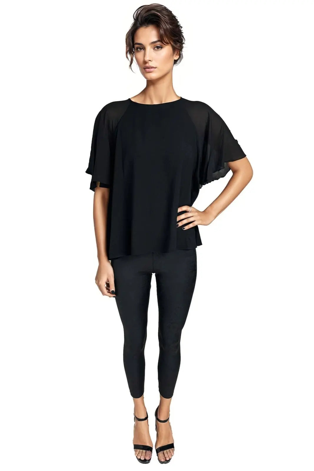 Crepe Top with Chiffon Flutter Sleeve Top Rene Ruiz Collection