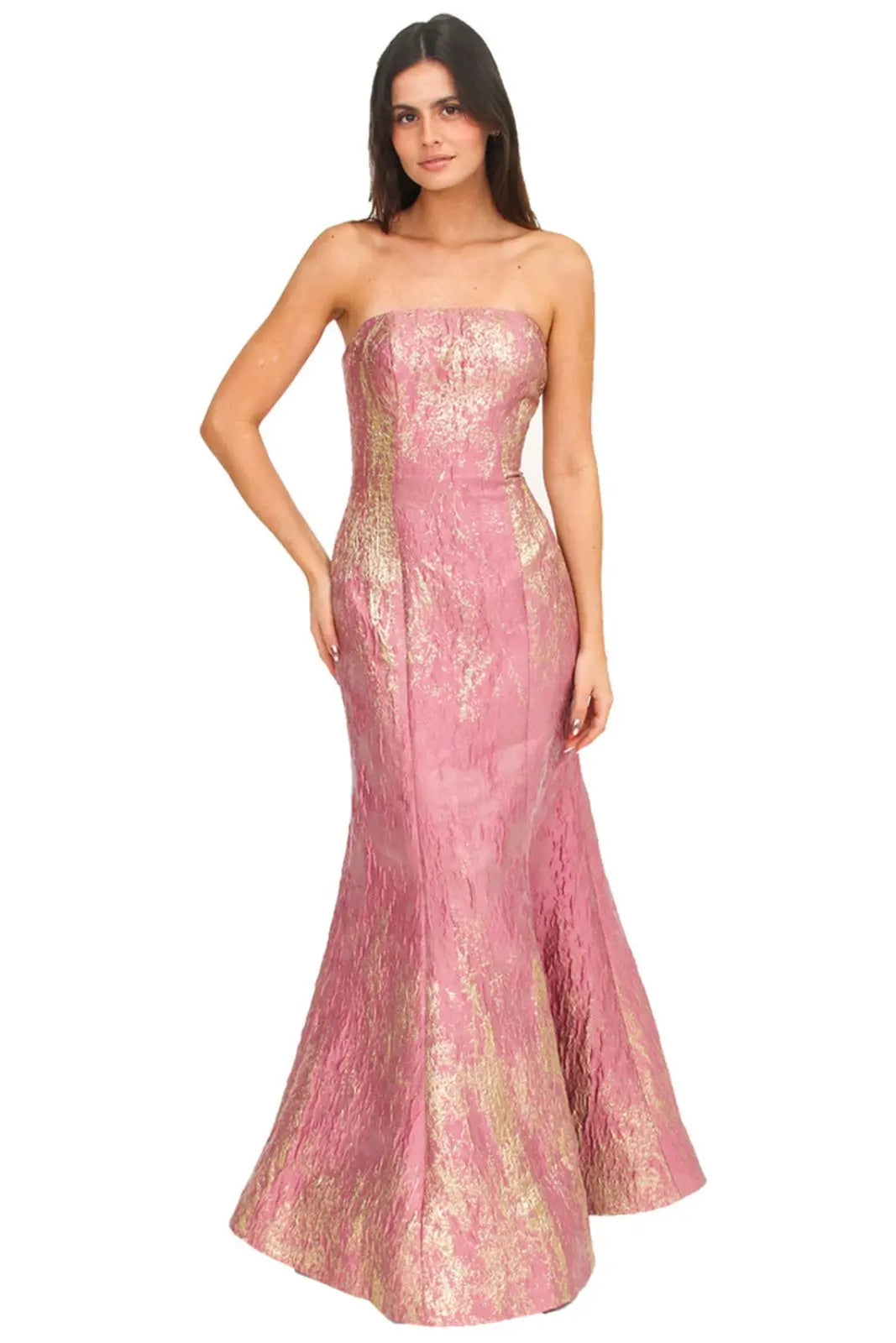 Strapless Fit And Flare Brocade Gown Gown Rene Ruiz Collection