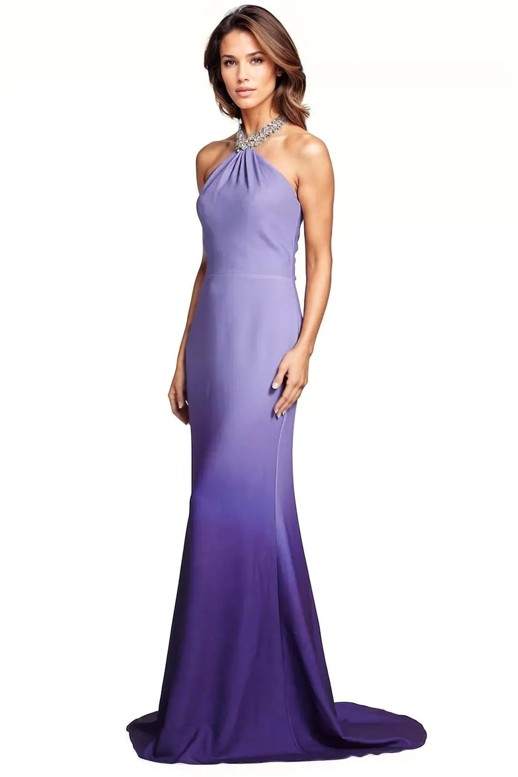 Embellished Halter Ombré Chiffon Gown Gown Rene Ruiz Collection