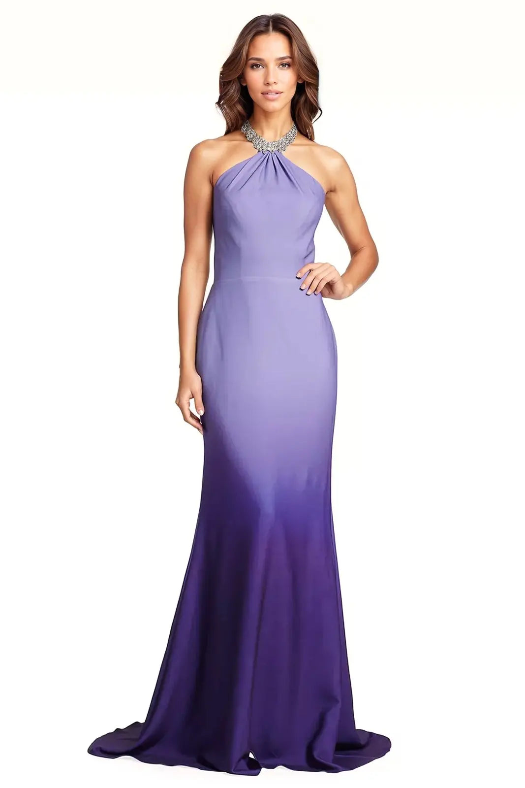 Embellished Halter Ombré Chiffon Gown Gown Rene Ruiz Collection