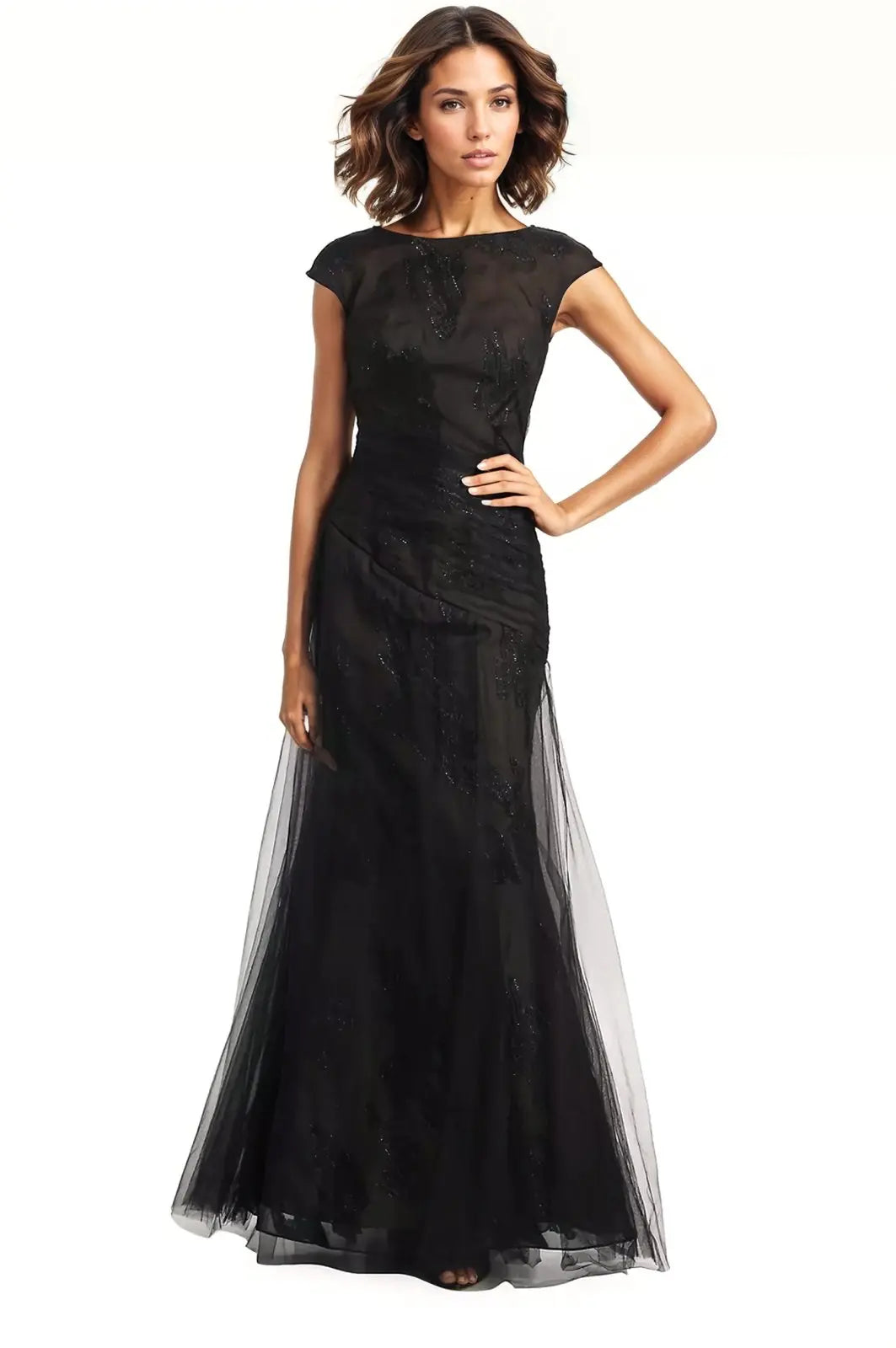 Cap Sleeve Illusion Fil Coupe Gown Gown Rene Ruiz Collection