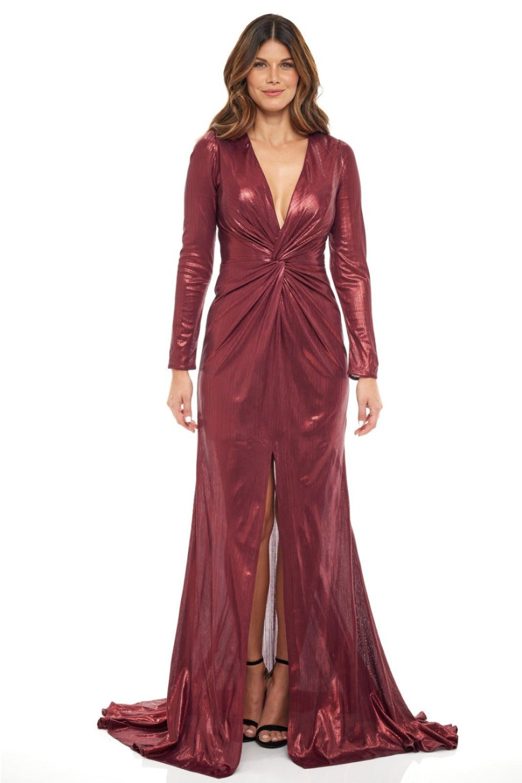 Long Sleeve Draped Gown Gown Rene Ruiz Collection 2 Red