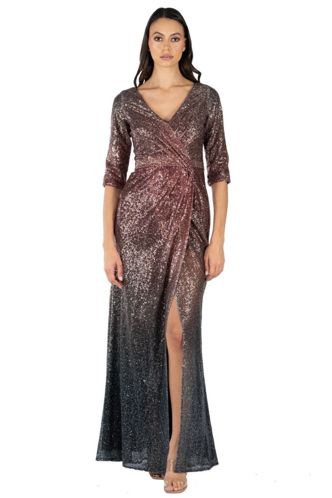 Long Sleeve Draped Sequin Gown Gown Rene Ruiz Collection