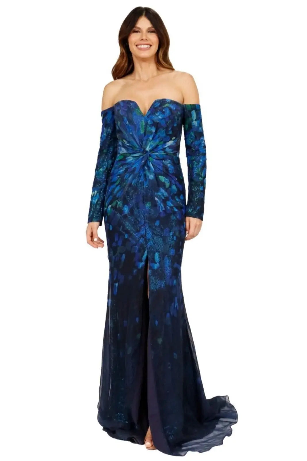 Long Sleeve Off The Shoulder Draped Gown Gown Rene Ruiz Collection