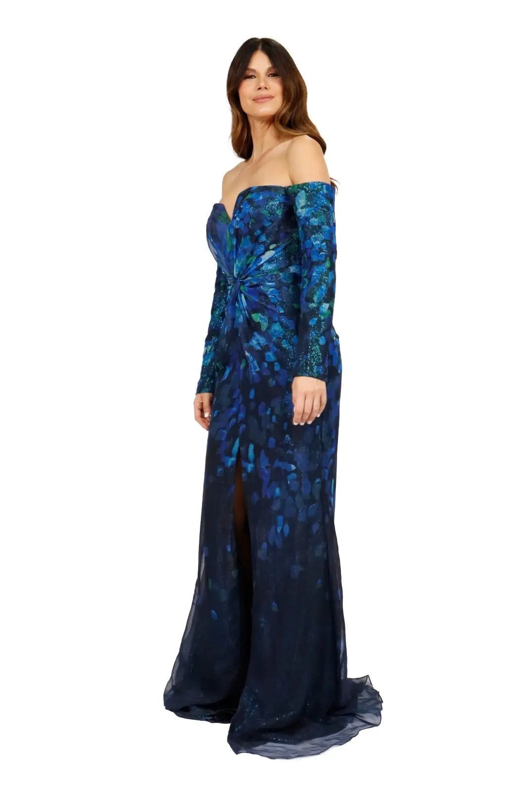 Long Sleeve Off The Shoulder Draped Gown Gown Rene Ruiz Collection