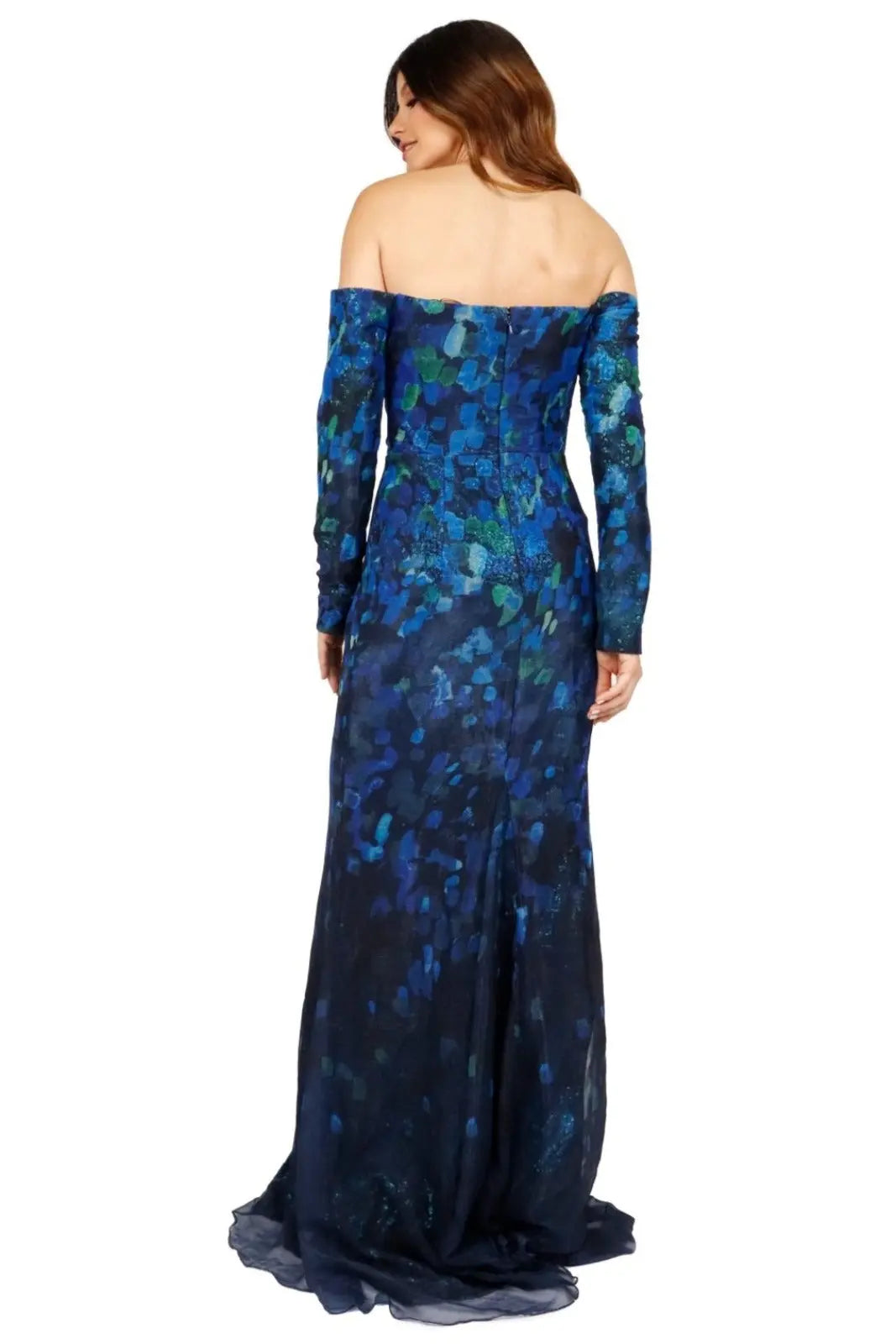 Long Sleeve Off The Shoulder Draped Gown Gown Rene Ruiz Collection