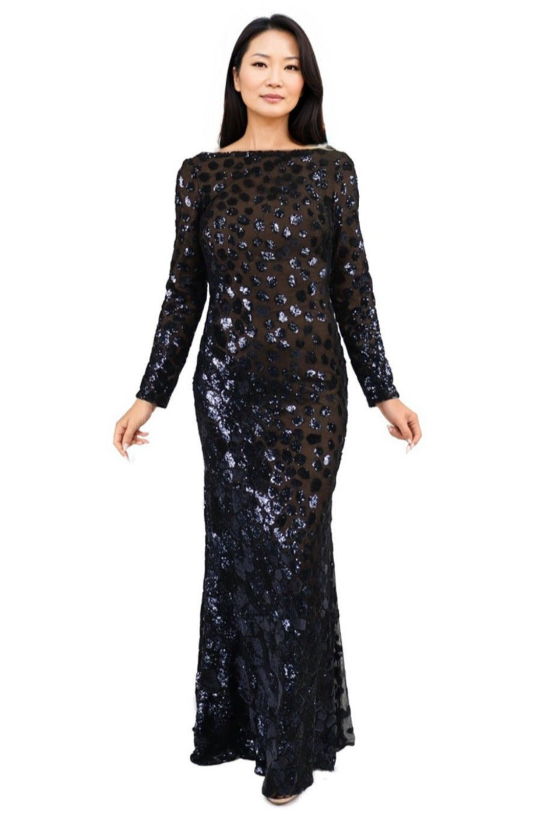 Long Sleeve Sequin Pattern Gown Gown Rene Ruiz Collection