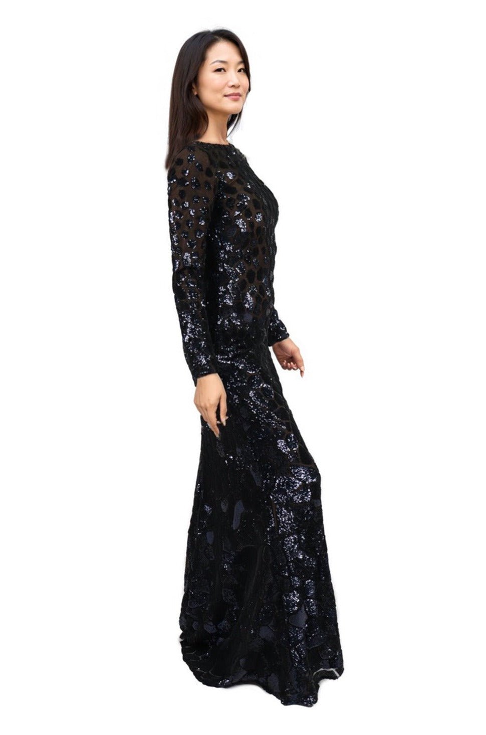 Long Sleeve Sequin Pattern Gown Gown Rene Ruiz Collection