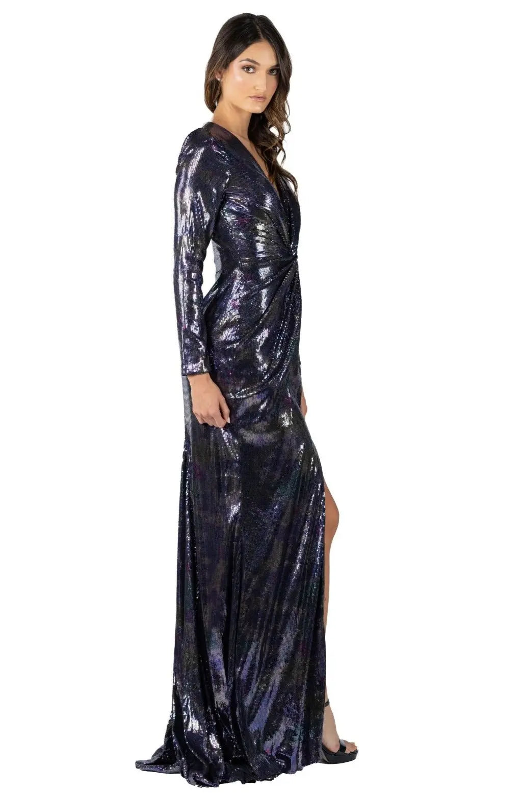Long Sleeve Stretch Draped Sequin Gown with Slit Gown Rene Ruiz Collection