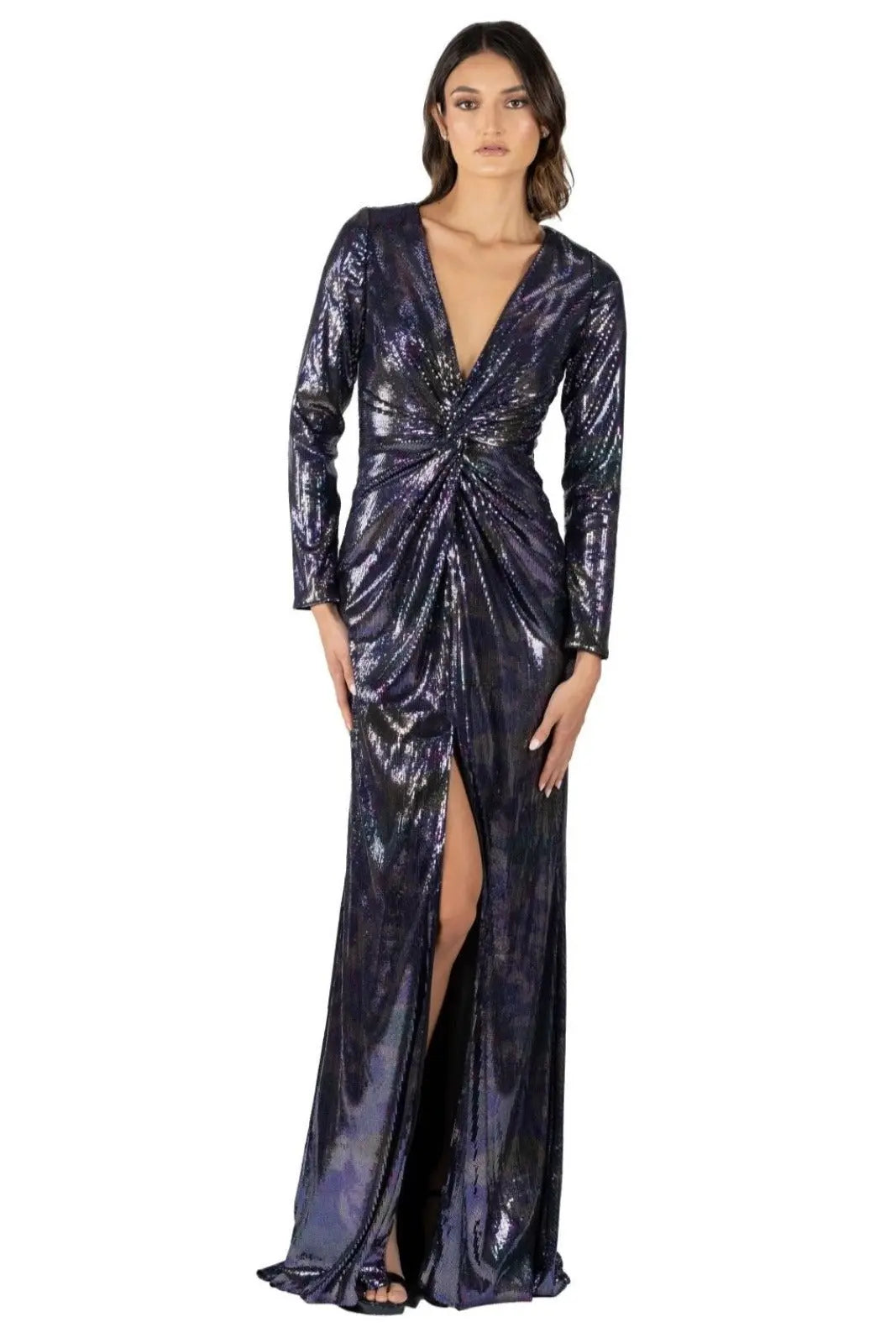 Long Sleeve Stretch Draped Sequin Gown with Slit Gown Rene Ruiz Collection