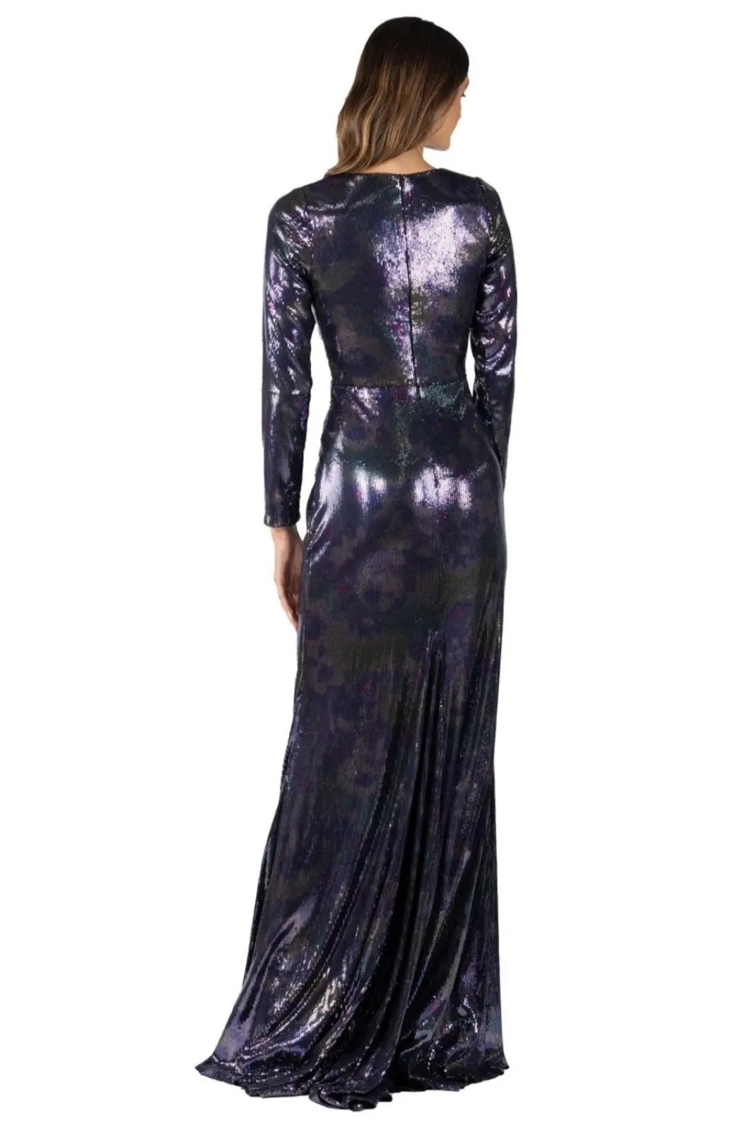 Long Sleeve Stretch Draped Sequin Gown with Slit Gown Rene Ruiz Collection