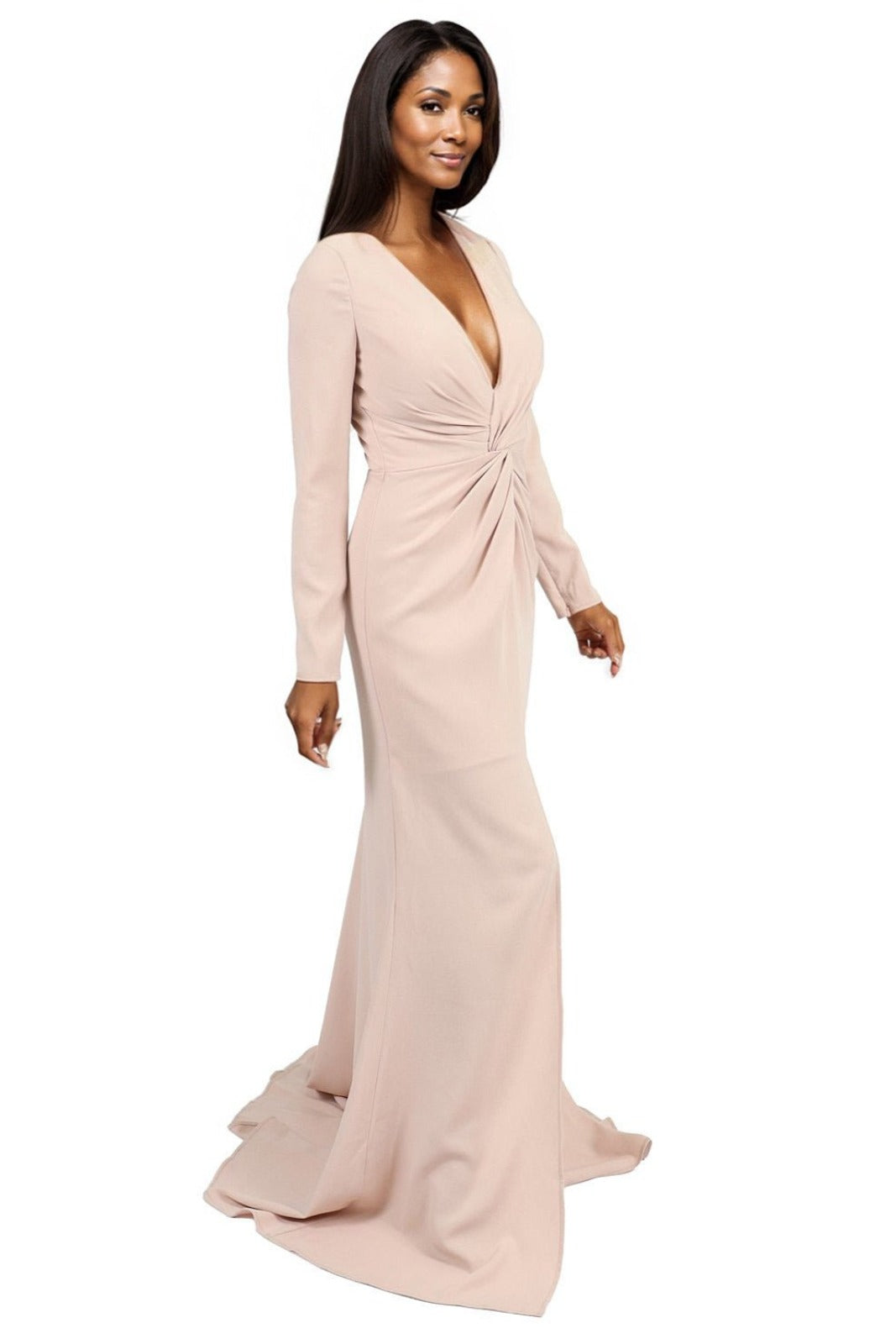 Long Sleeve V-Neck Crepe Gown