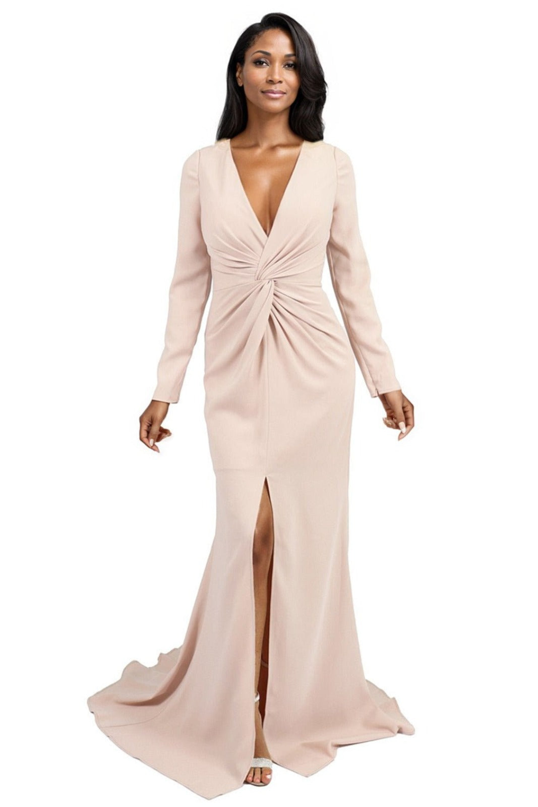Long Sleeve V-Neck Crepe Gown