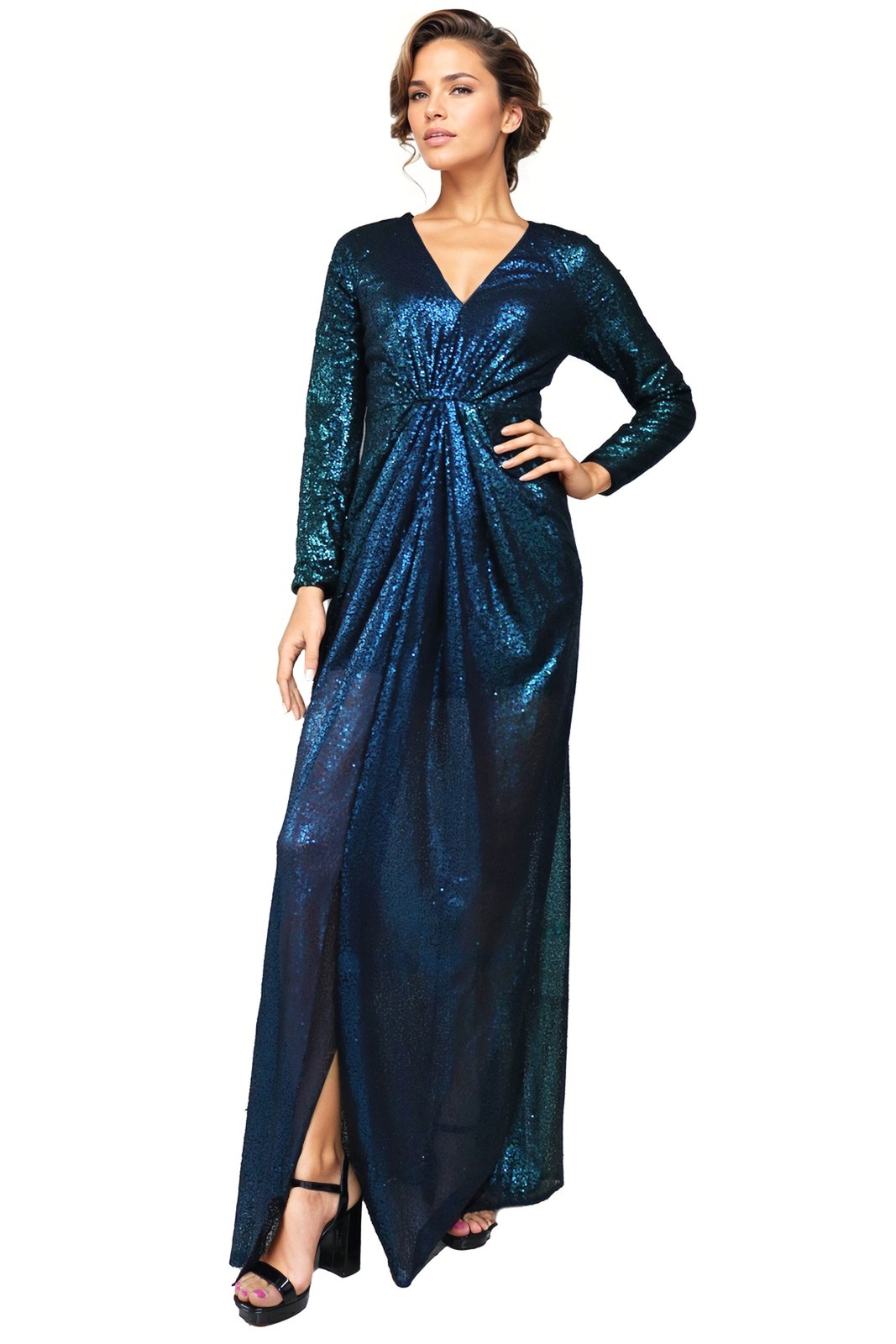 Long Sleeve V-neck Sequin Gown