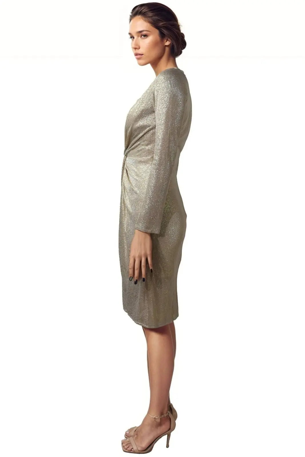 Metallic Knit Long Sleeve Cocktail Gown Rene Ruiz Collection