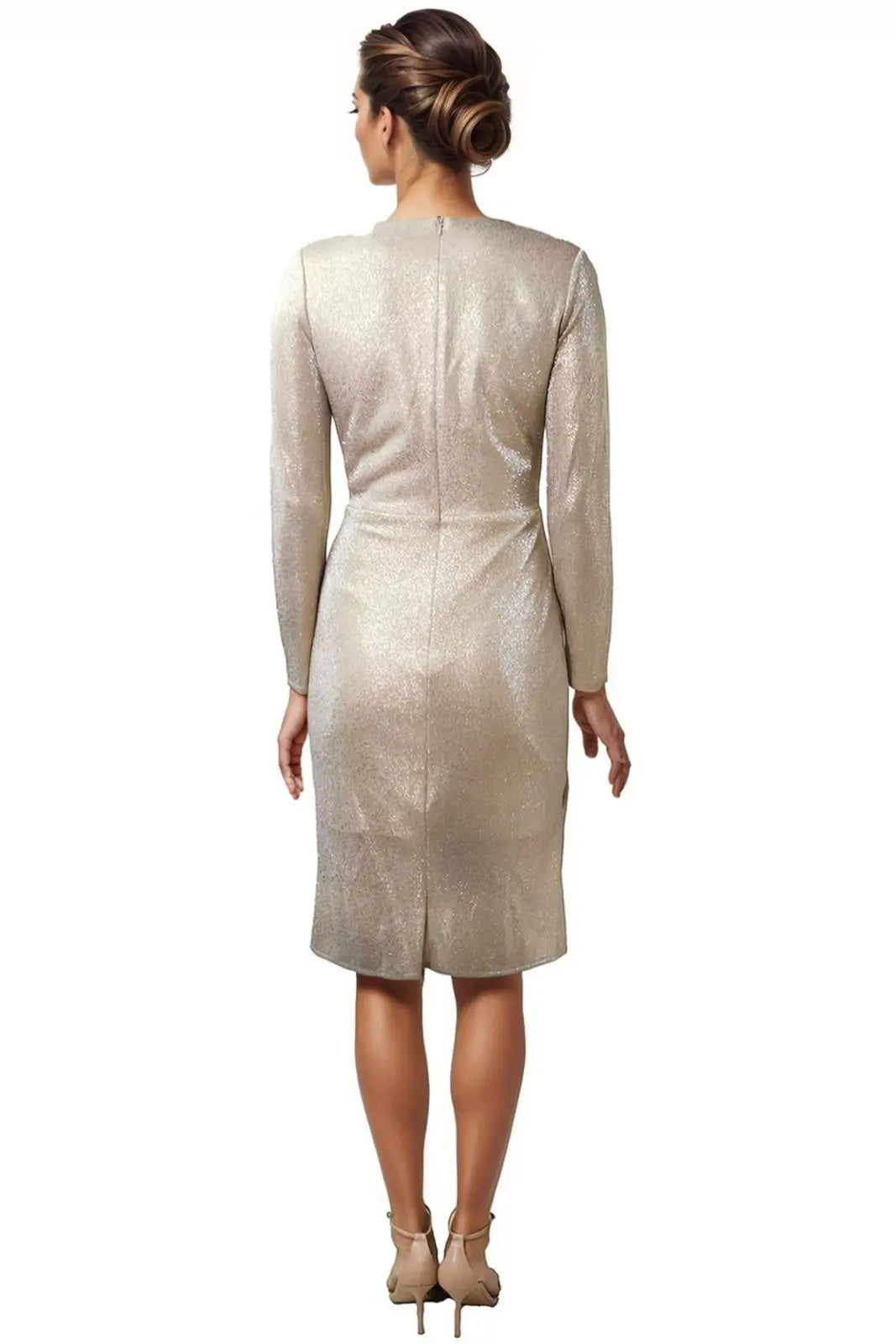 Metallic Knit Long Sleeve Cocktail Gown Rene Ruiz Collection