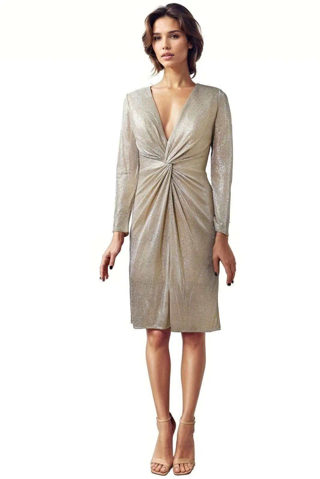 Metallic Knit Long Sleeve Cocktail Gown Rene Ruiz Collection