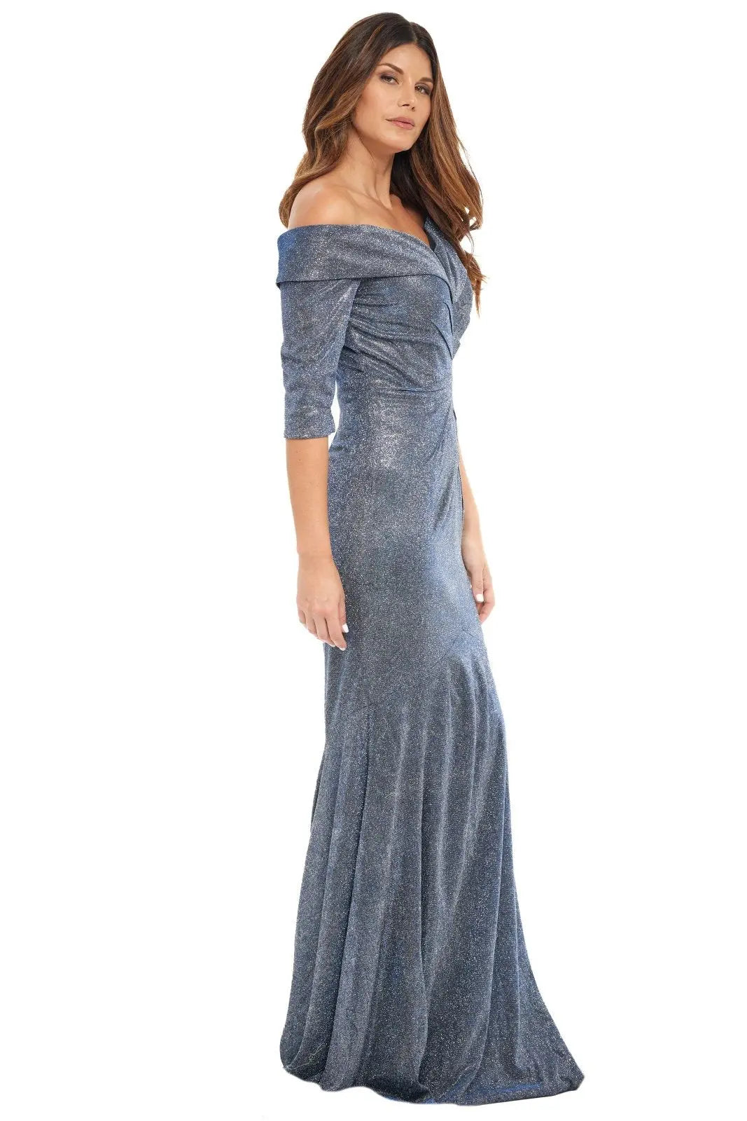 Metallic Knit Off The Shoulder Fit And Flare Gown Gown Rene Ruiz Collection
