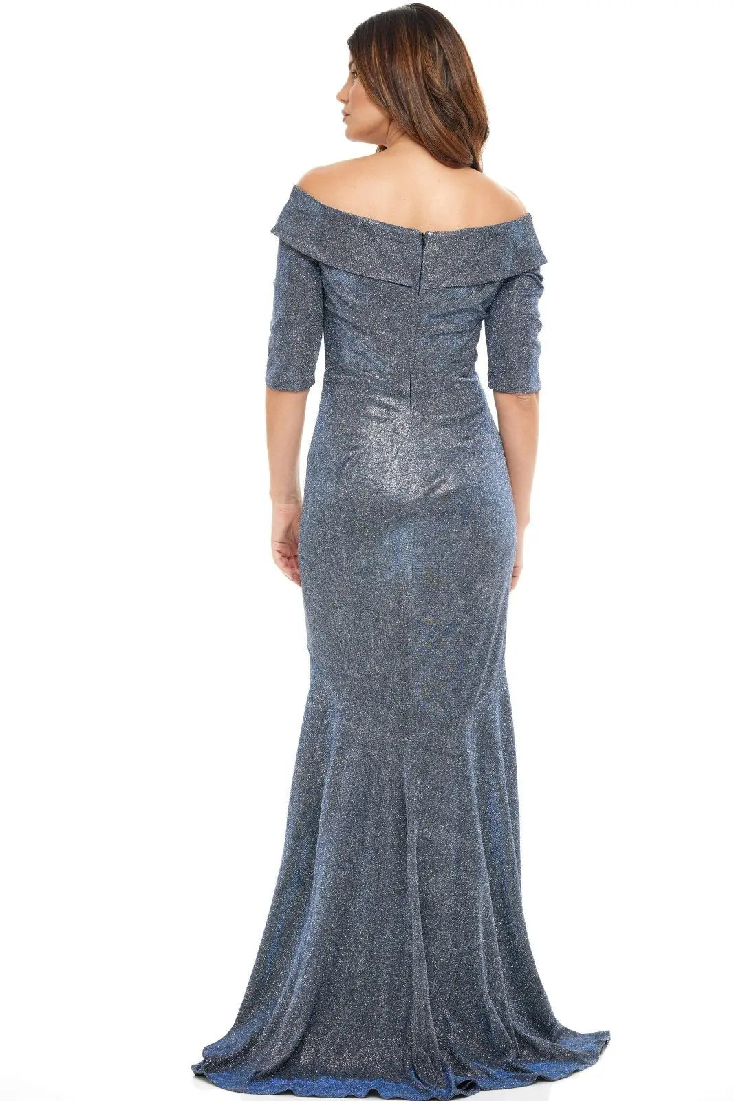 Metallic Knit Off The Shoulder Fit And Flare Gown Gown Rene Ruiz Collection