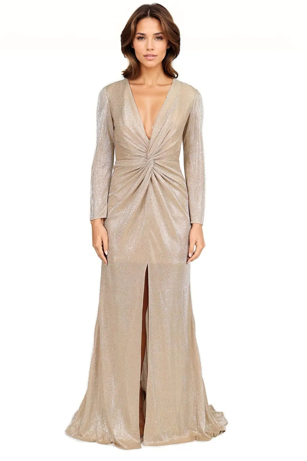 Metallic Twisted Front Mermaid Gown Gown Rene Ruiz Collection