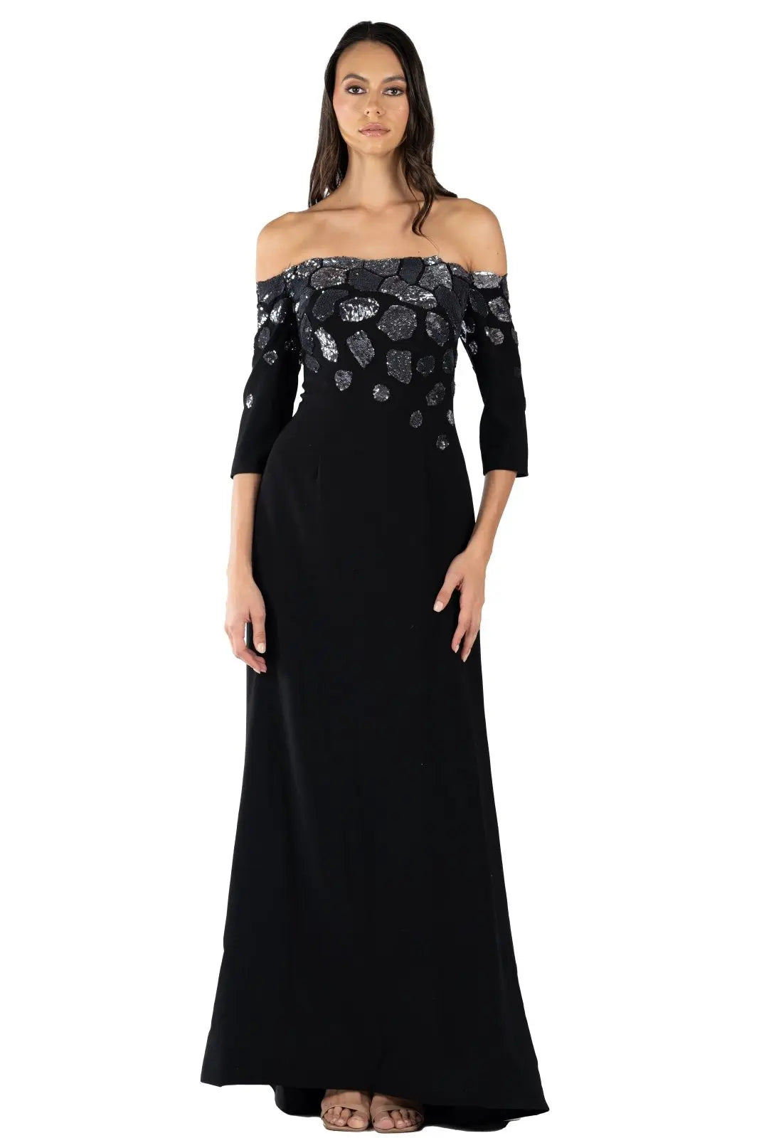 chinese dress ladies Xscape Evenings Women's Ruched Scuba Knit Ruffle Gown - Black main image 0