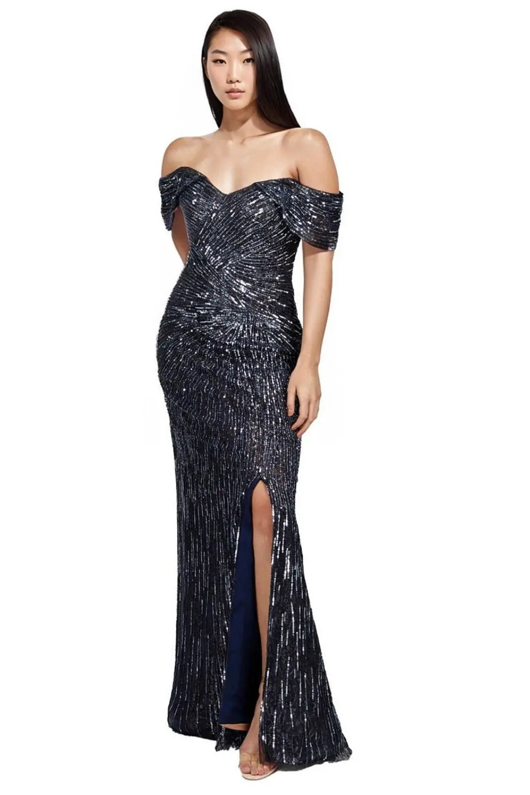 Off The Shoulder Beaded Gown Gown Rene Ruiz Collection 2 Blue
