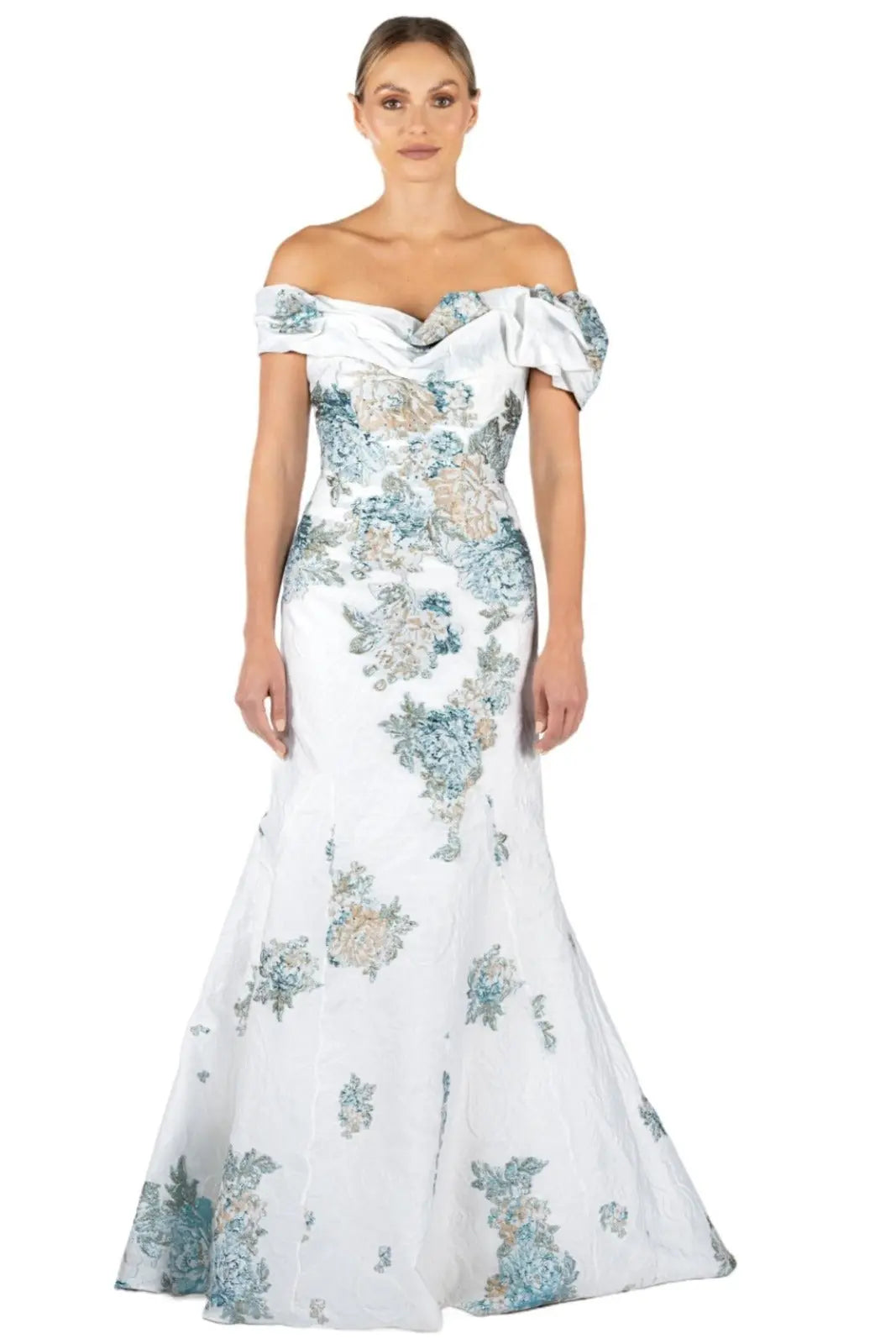 Off The Shoulder Brocade Gown - Rene Ruiz Collection Off The Shoulder Brocade Gown - Rene Ruiz Collection