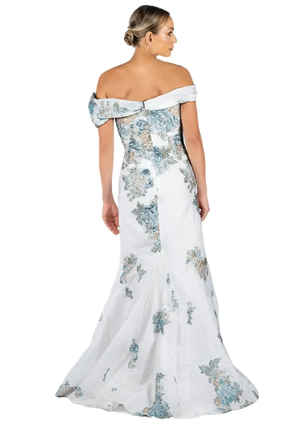 Off The Shoulder Brocade Gown Gown Rene Ruiz Collection