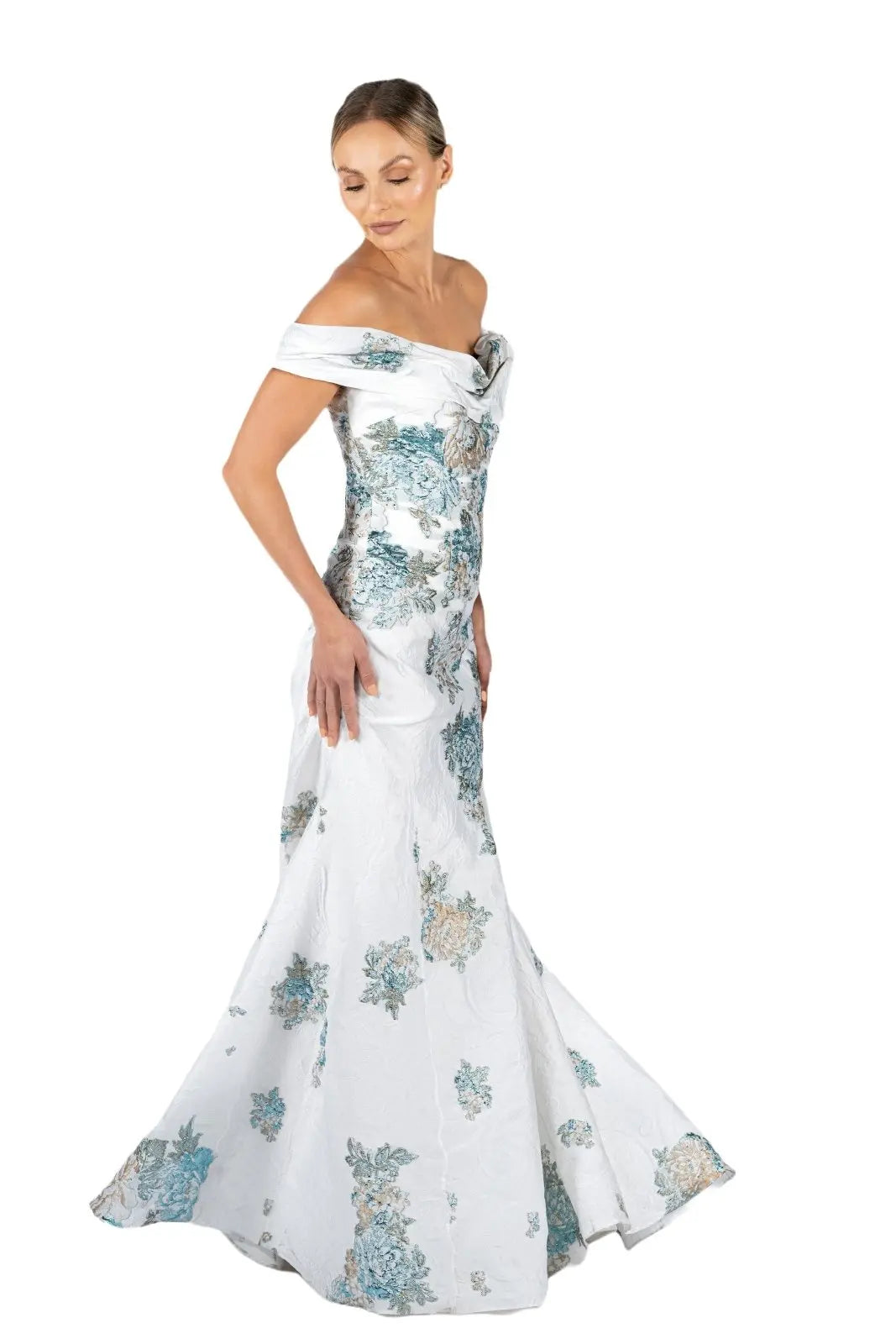 Off The Shoulder Brocade Gown Gown Rene Ruiz Collection