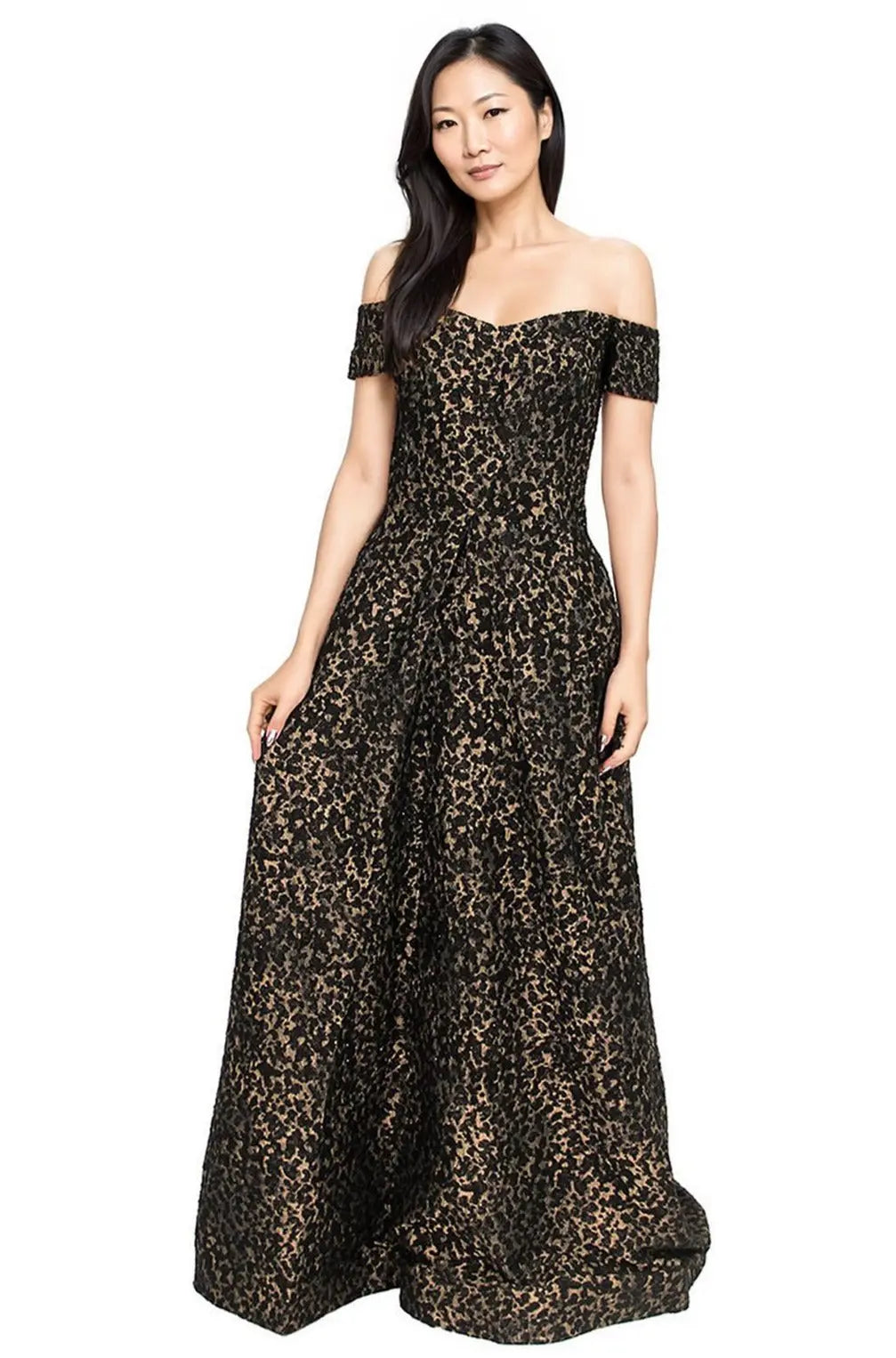 Off The Shoulder Brocade Gown Gown Rene Ruiz Collection