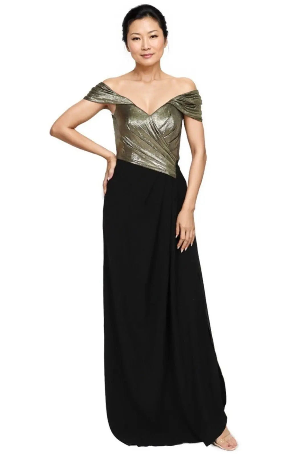 Off The Shoulder Column Gown Black Metallic Gold
