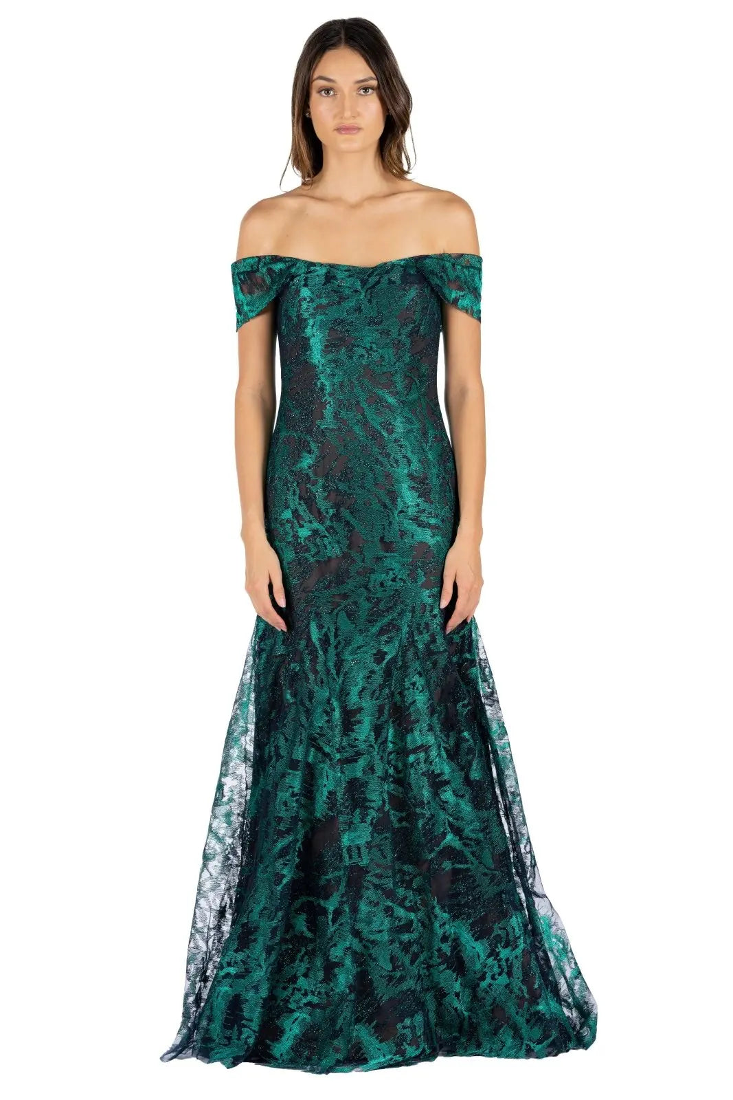 Off the Shoulder Fit and Flare Gown Emerald