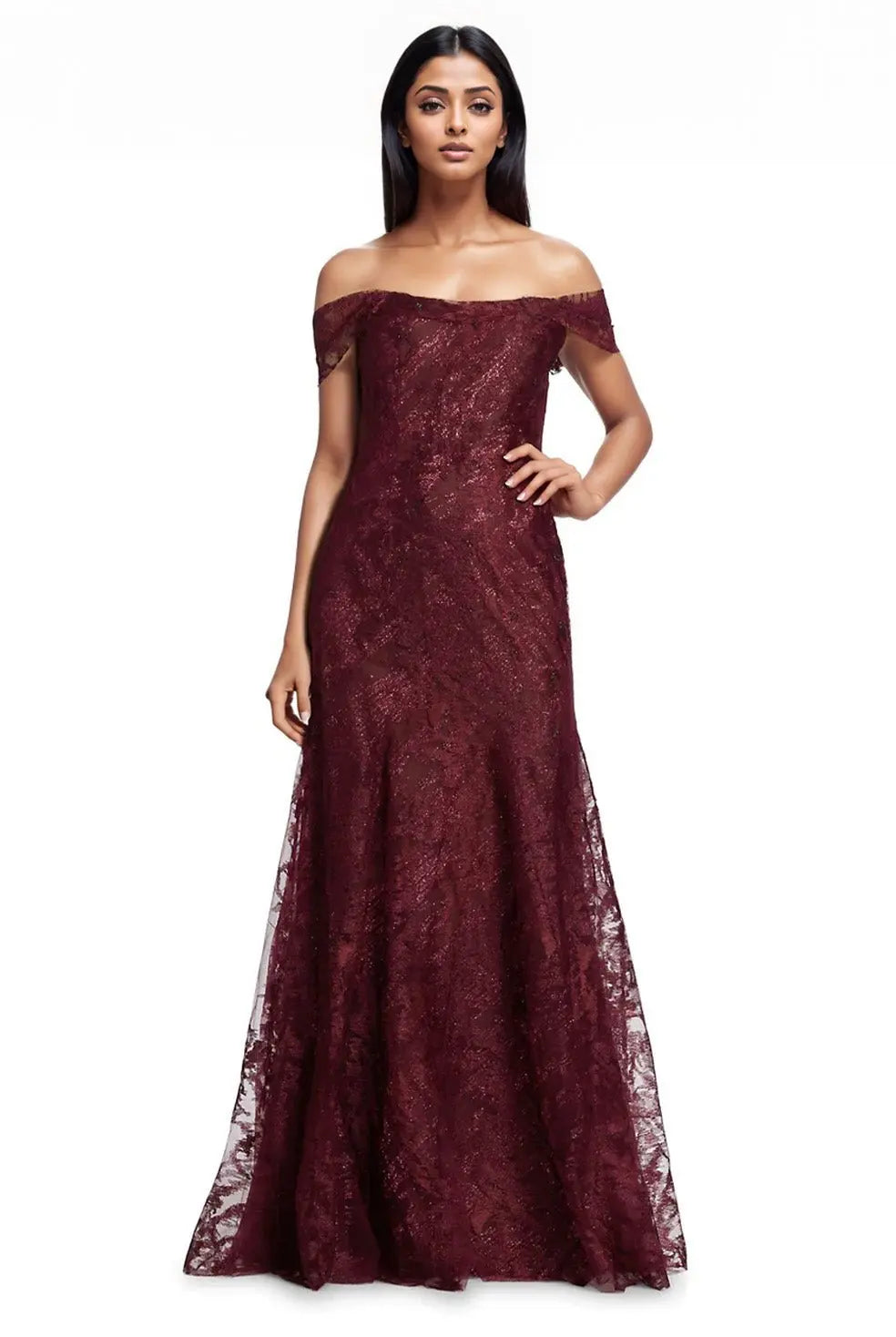 Off the Shoulder Fit and Flare Gown Burgundy