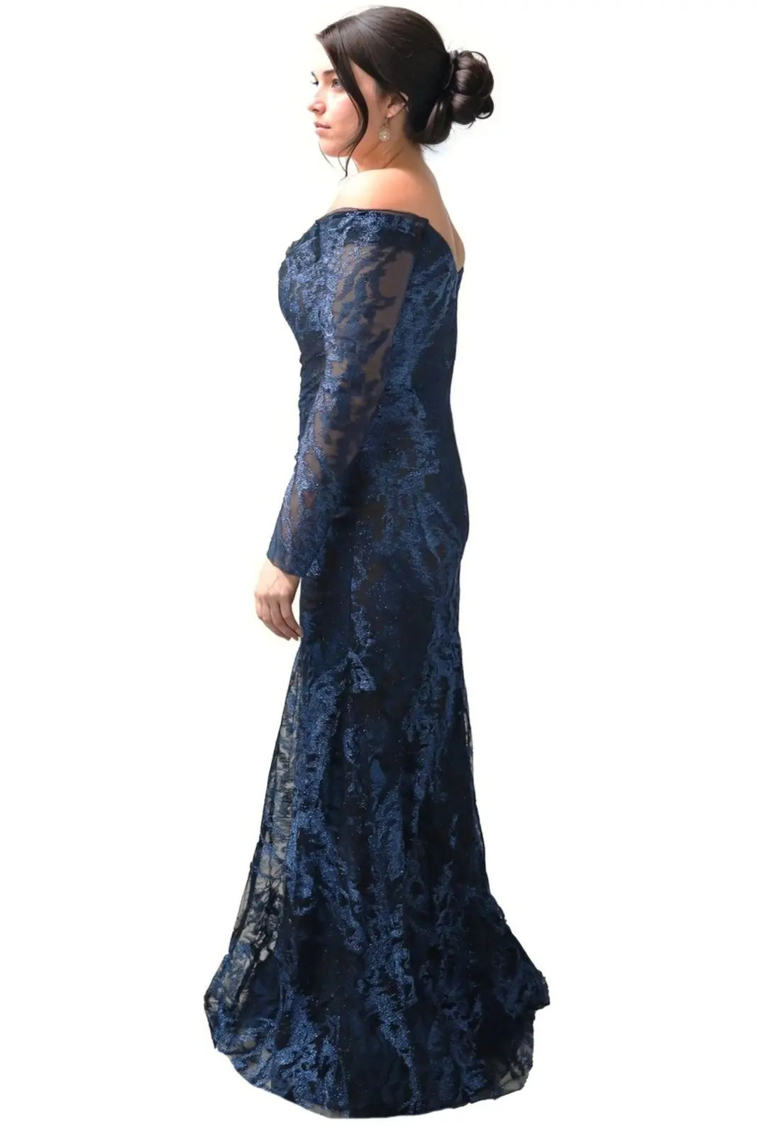 Off the Shoulder Long Sleeve Fit and Flare Gown Gown Rene Ruiz Collection