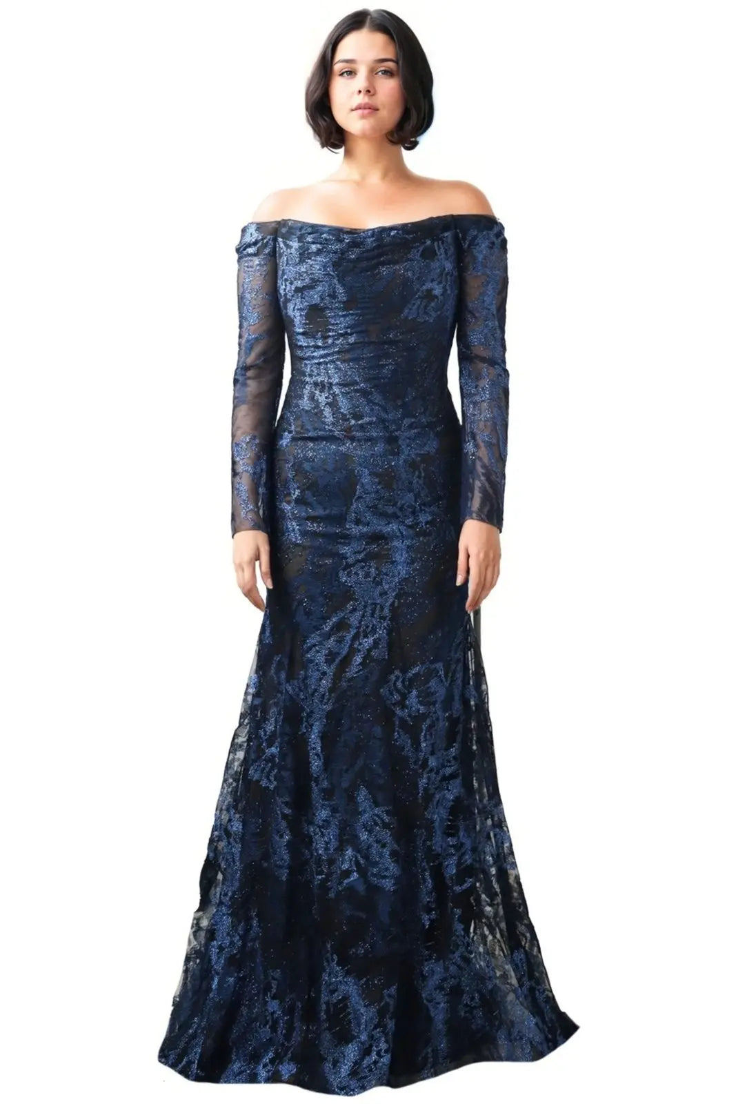 Off the Shoulder Long Sleeve Fit and Flare Gown Gown Rene Ruiz Collection