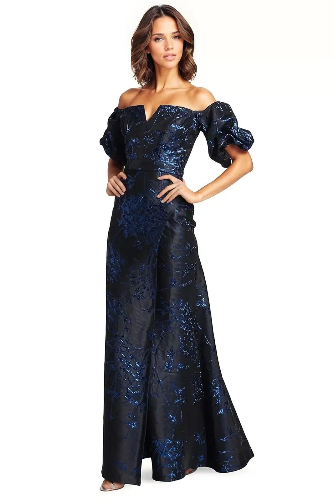Off The Shoulder Puff Sleeve Brocade Gown Gown Rene Ruiz Collection
