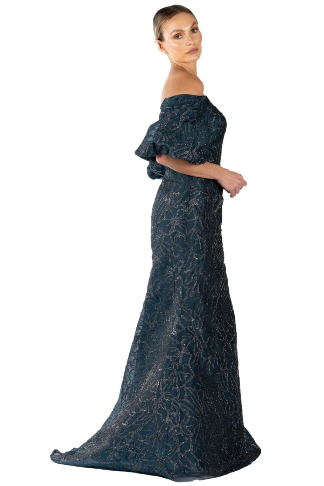 Off The Shoulder Puff Sleeve Gown Gown Rene Ruiz Collection