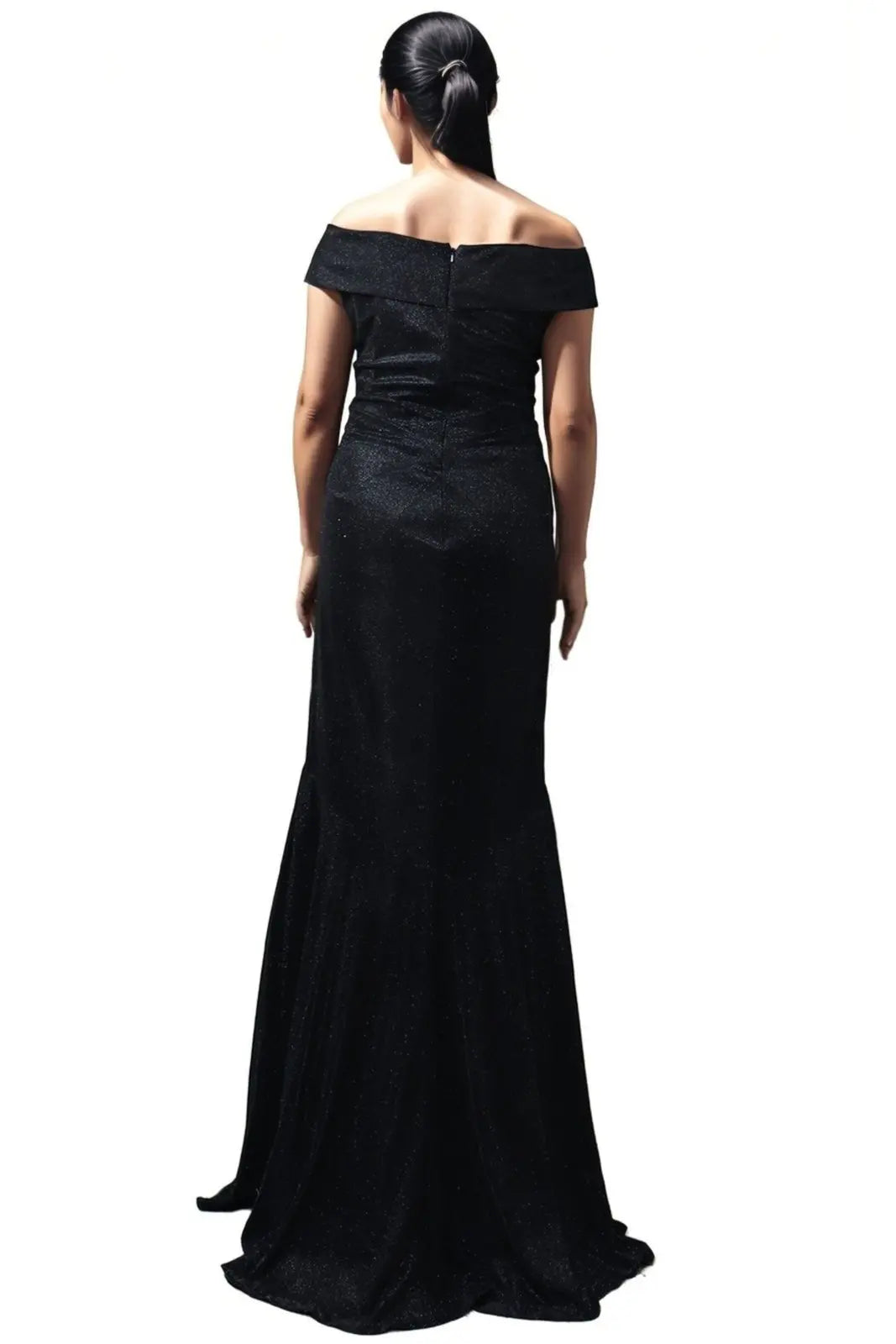 Off The Shoulder Scuba Gown With Ruched Detail Gown Rene Ruiz Collection