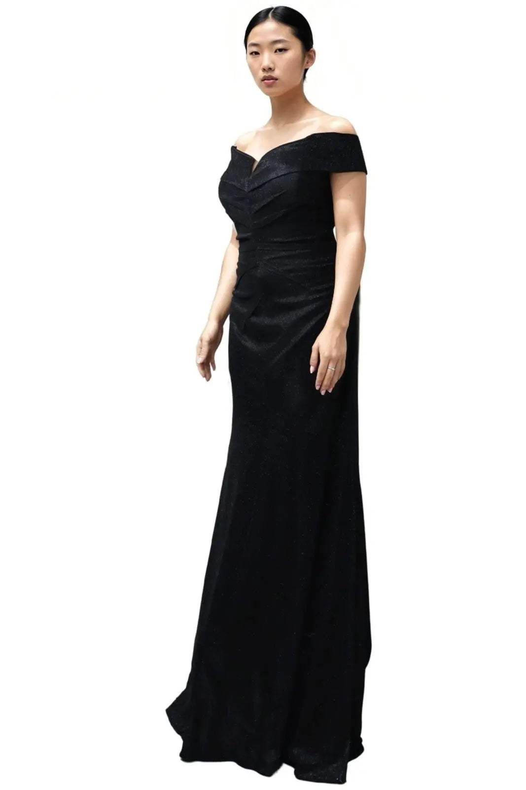Off The Shoulder Scuba Gown With Ruched Detail Gown Rene Ruiz Collection