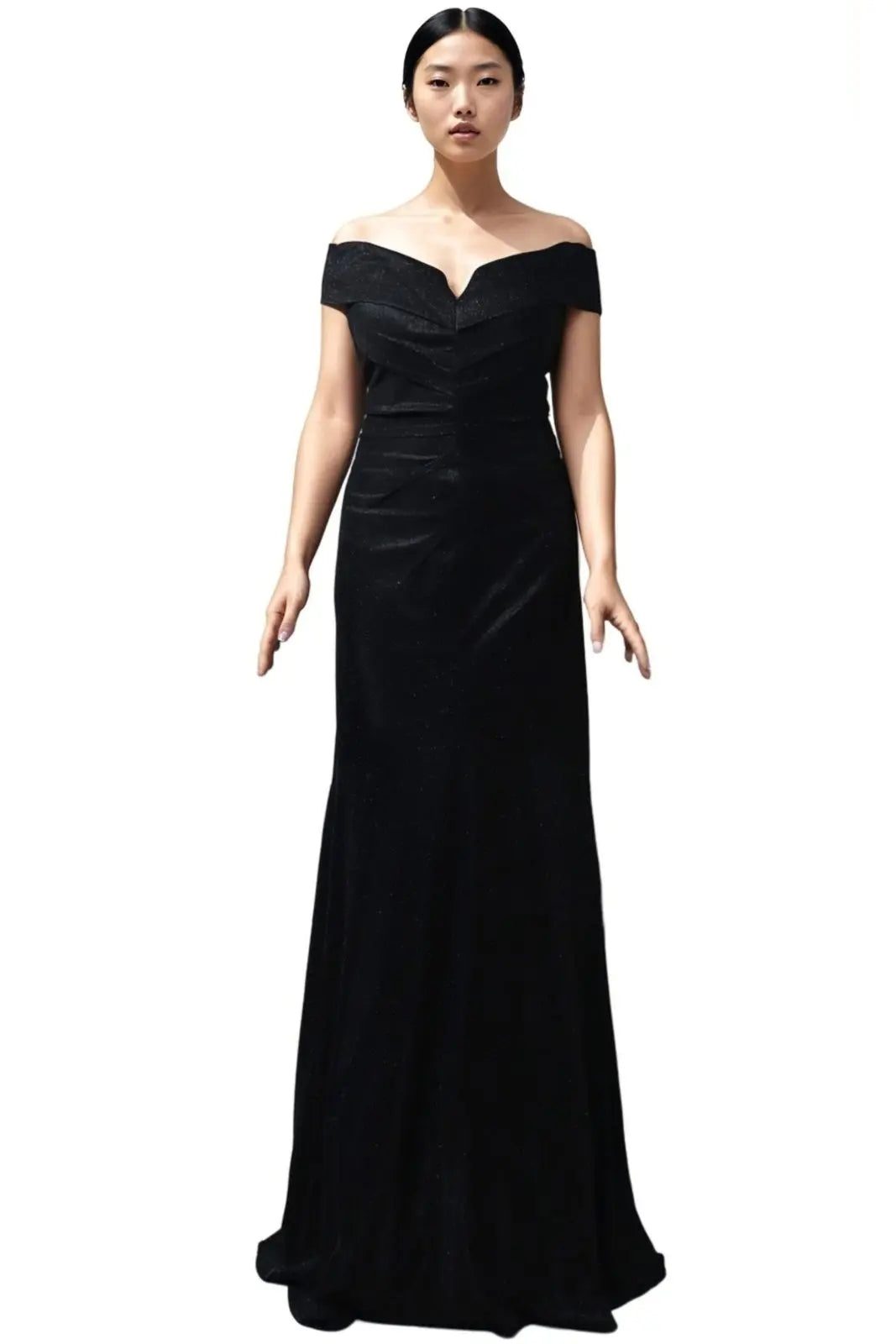Off The Shoulder Scuba Gown With Ruched Detail Gown Rene Ruiz Collection