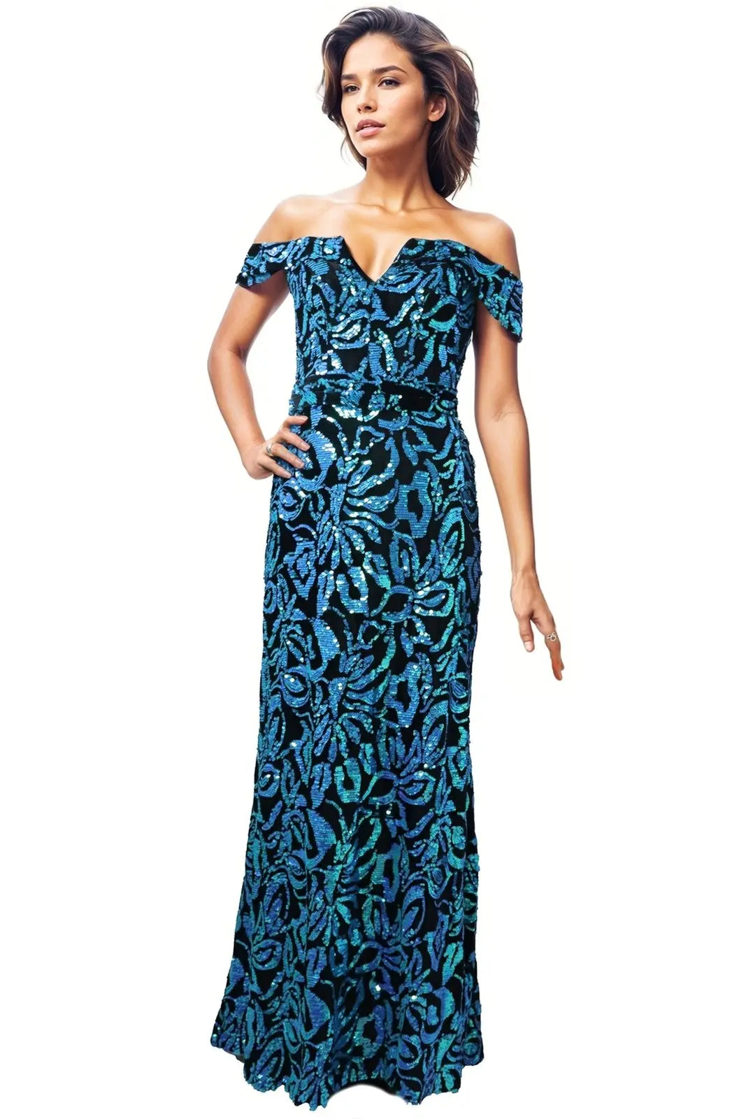 Off The Shoulder Sequin Gown Gown Rene Ruiz Collection