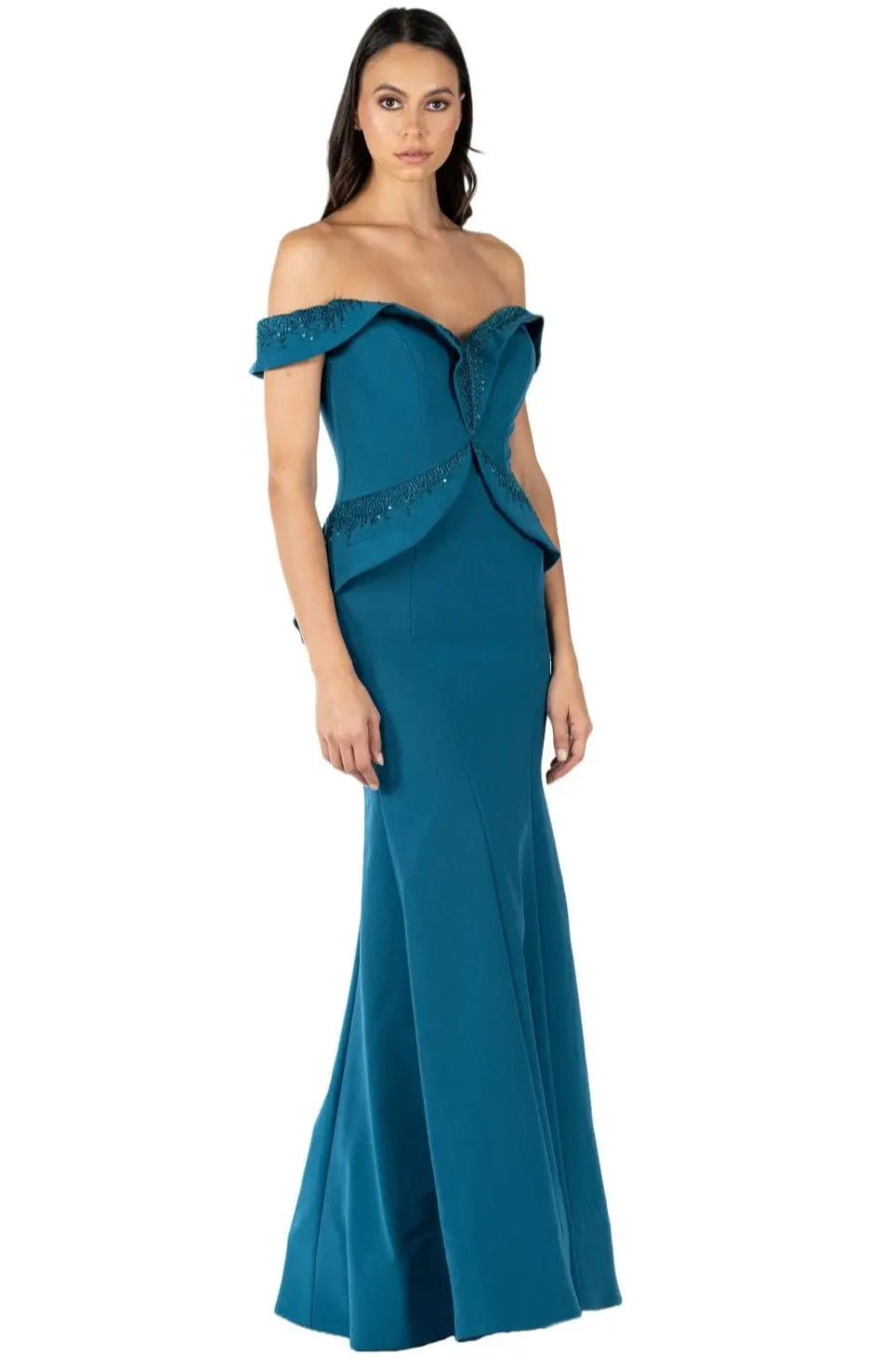 Off The Shoulder Stretch Gown Gown Rene Ruiz Collection